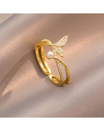 Gold Whale Tail Split Ring, Pearl Ring, Petite Mermaid Tail Women Ring | J2833