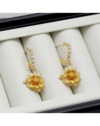 Dainty Sunflower Hoop Dangle Earrings, Sunflower Earrings | HE10509