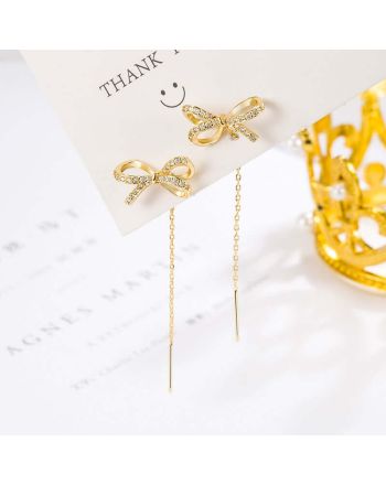 Gold Bow Tassel Fringe Threader Earrings | R0016