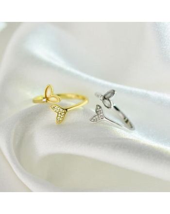 White Gold Whale Tail Split Ring, Mermaid Tail Gold Ring, Cute Fairy Ring | DQ8495