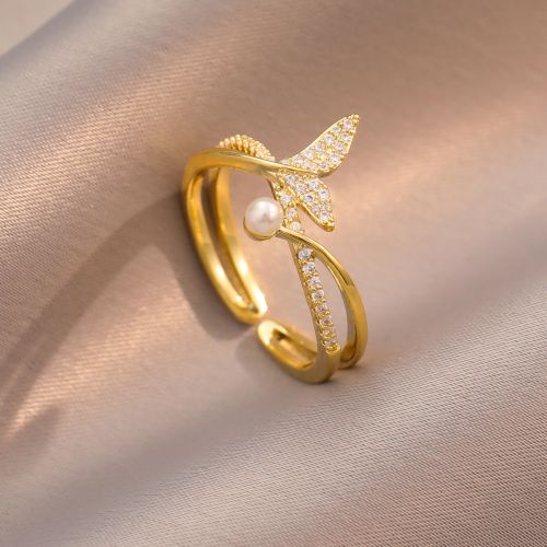 Gold Whale Tail Split Ring, Pearl Ring, Petite Mermaid Tail Women Ring | J2833