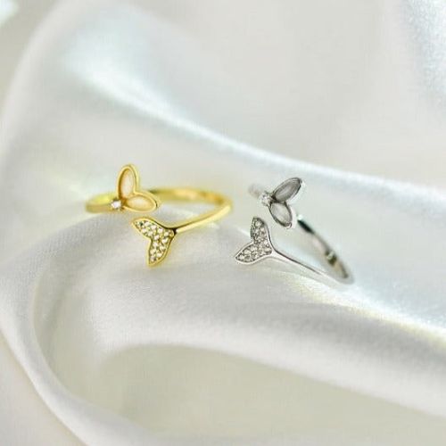 White Gold Whale Tail Split Ring, Mermaid Tail Gold Ring, Cute Fairy Ring | DQ8495